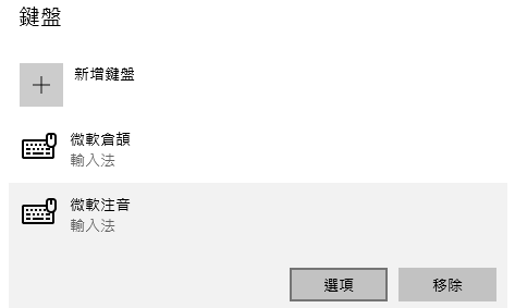鍵盤清單，點選微軟注音後按選項